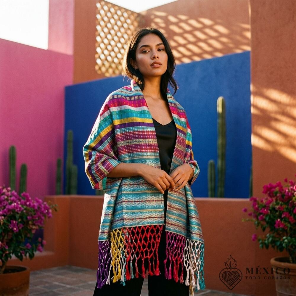 Mexican hand woven Rebozo Red  desings stunning Chiapas unique